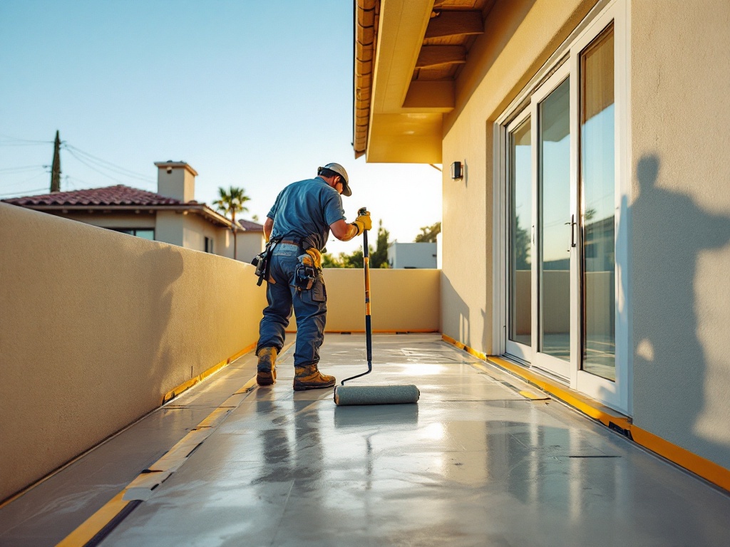 Deck waterproofing coating being applied in San Diego