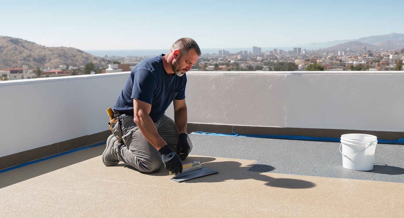 Restored waterproof deck coating on a San Diego rooftop deck