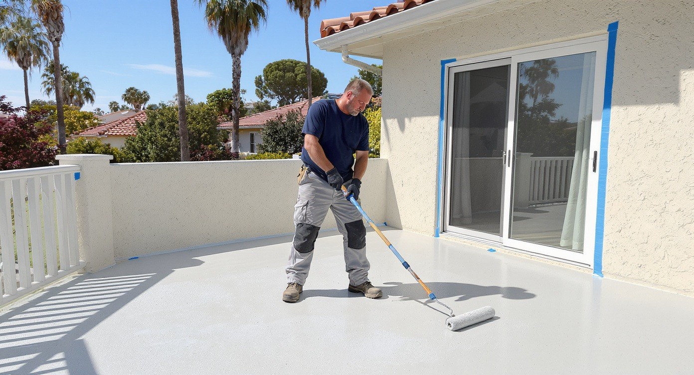 Deck waterproofing coating being applied in San Diego